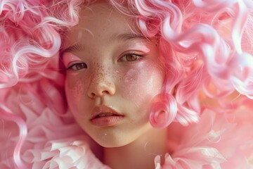 Close up portrait of a child model wearing a pink wig and creative makeup, showcasing a playful and stylish look for a fashion or beauty campaign