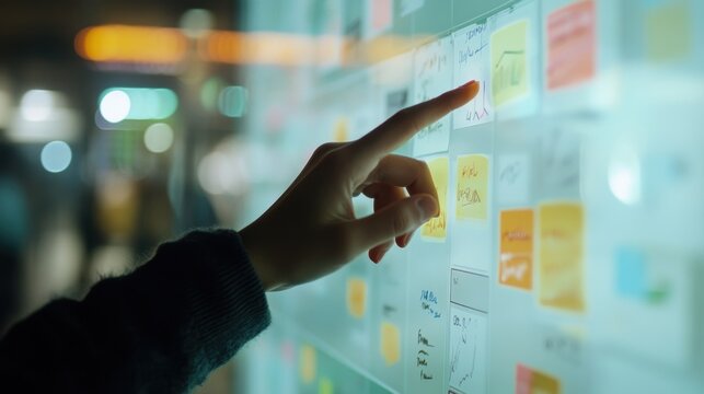 Businesswoman pointing at colorful sticky notes on an interactive whiteboard, strategizing and analyzing data in a modern office environment during nighttime hours
