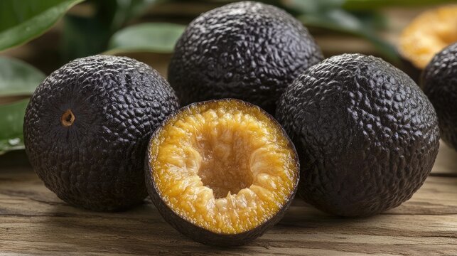 Tarap fruit from Borneo and Philippines showcasing its unique black exterior and vibrant yellow interior on a wooden background.