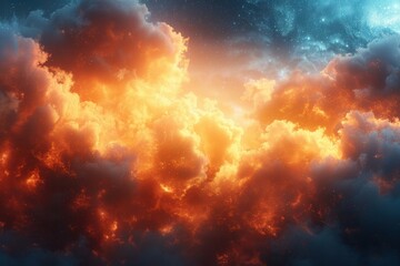 A dramatic sky filled with vibrant orange and blue clouds, creating a striking contrast reminiscent of a sunset or an explosion.