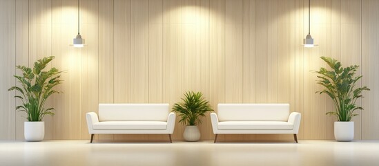 Cozy modern office interior featuring two white sofas, greenery, stylish furniture, wood paneling, appealing lighting, and empty text space in bright setting