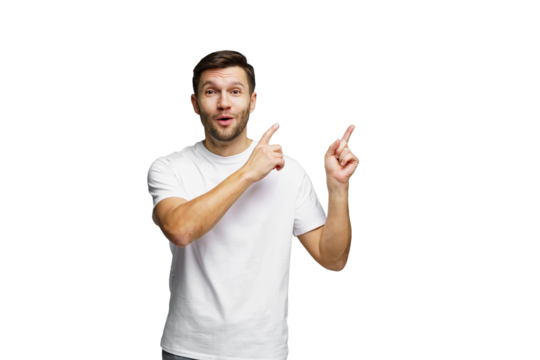 Man gesturing with both hands in a cheerful manner against a clean white background