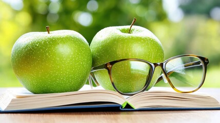Green apples on open book with glasses against blurred natural background for study concept