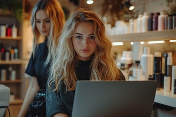 Young hairstylist uses laptop while working in salon and looking at camera. Generative AI