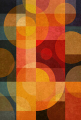 Abstract modern background with colorful rectangles, squares, circles, intersections, overlaps. Worn, vintage book cover surface.