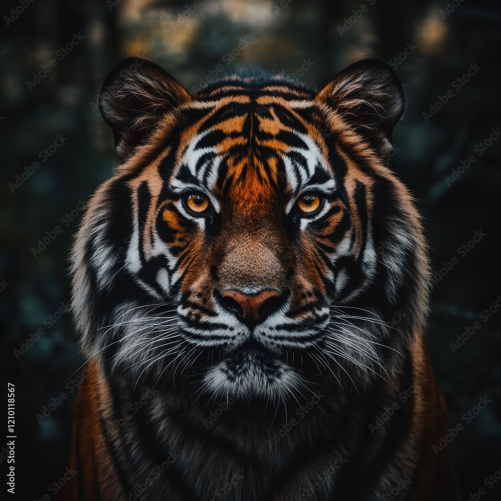 Poster macro close-up captures the striking features and piercing gaze of a tiger in its natural habitat