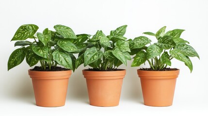 Fototapeta premium Lush Syngonium podophyllum plants in terracotta pots with green foliage, set against a clean white background for modern botanical decor.