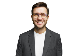Smiling man in a suit with glasses against a plain background showing confidence and professionalism