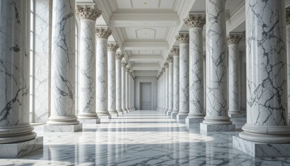 Sunlit Marble Columns in Grand Hallway: Architecture, Interior Design, Luxury, Classical, Elegance.