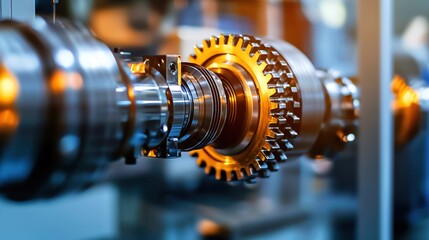 Fototapeta premium Close up view of a shiny metal gear and shaft assembly with golden light on the cogwheel