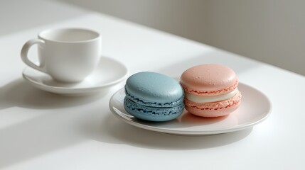 Obraz premium Elegant table setting featuring pastel pink and blue macarons on a white plate, coffee cup in soft focus, bright minimalistic background with ample text space