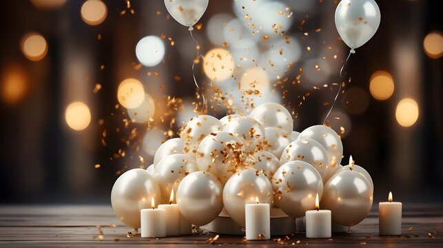 A vibrant "Happy Birthday" congratulation card design featuring elegant white and gold balloons floating around the text, with soft lighting creating a warm, celebratory mood.