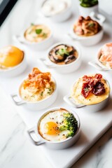 Mini casseroles featuring broccoli, mushrooms, and salmon on a porcelain platter