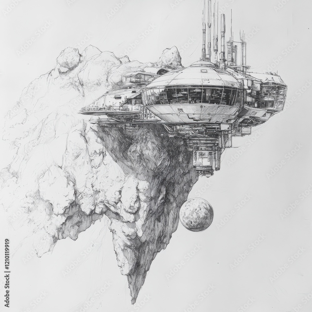 Aufkleber futuristic space habitat suspended in front of a distant celestial body in deep space