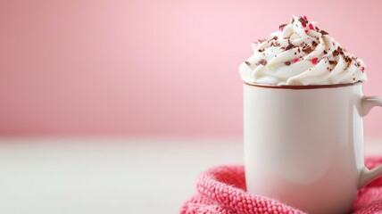 Hot drink with whipped cream in white mug, pink background