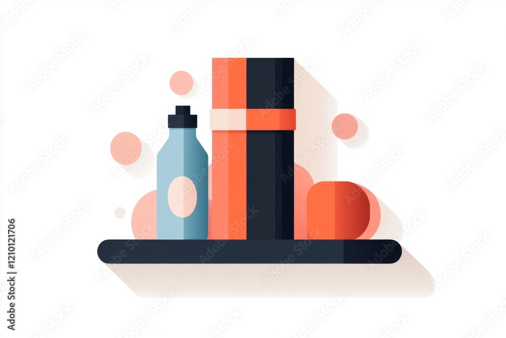 Poster A flat vector design of a yoga mat with a single block and strap, placed on a soft pastel-colored background
