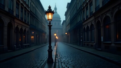 Obraz premium A lone streetlamp casting a warm glow in the middle of an empty street