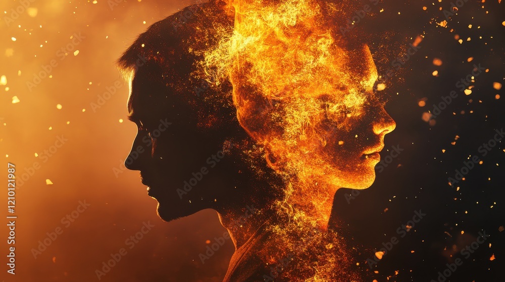 Aufkleber creative double exposure illustrating the connection between a father and child with fiery elements 