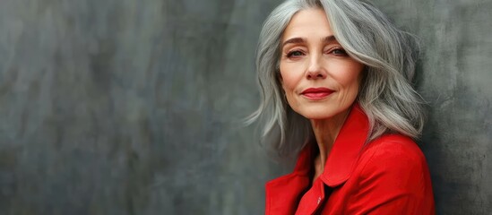 Fototapeta premium Fashionable older woman with flowing gray hair wearing a vibrant red jacket against a textured gray background with space for text