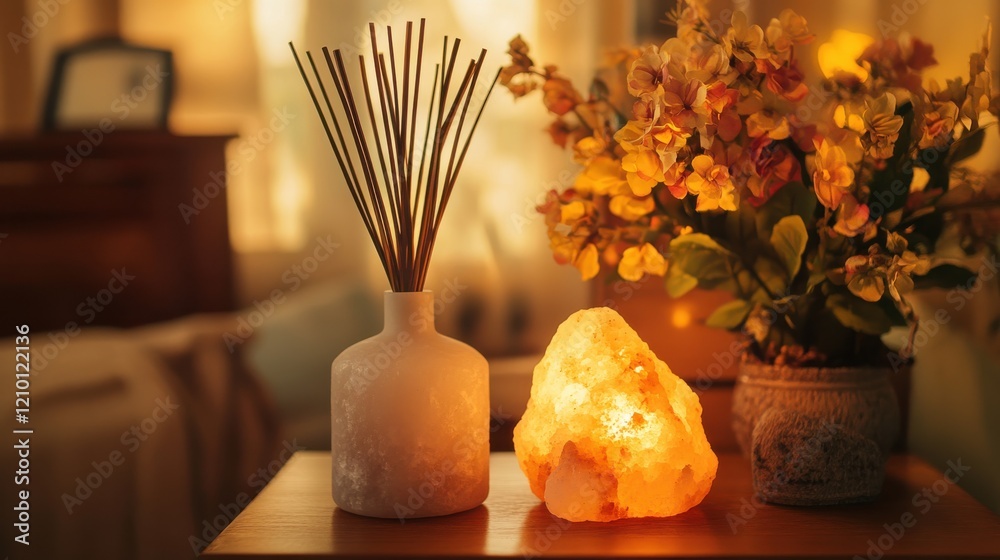 Aufkleber Cozy spa corner with reed diffuser and illuminated salt lamp creating a serene atmosphere for relaxation at home