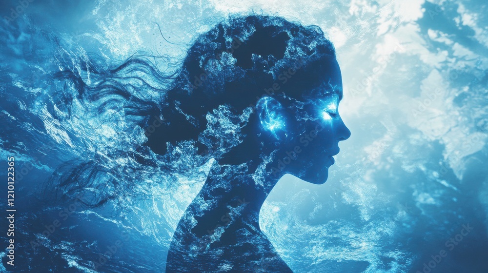 Poster conceptual visualization of a glowing woman surrounded by waves in a dreamlike atmosphere