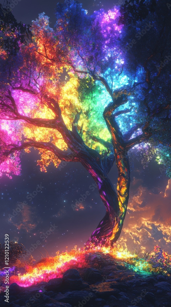 Poster Glowing tree with vibrant colors illuminating a mystical landscape during twilight