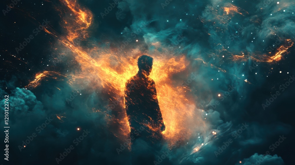 Poster Man glowing with radiant energy surrounded by cosmic colors in an abstract setting during twilight hours