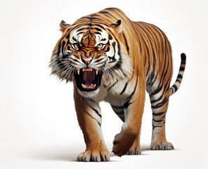 Obraz premium Majestic tiger displaying fierce expression while walking confidently in a bright environment
