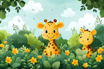 Naklejka premium Two cartoon giraffes in flower-filled jungle