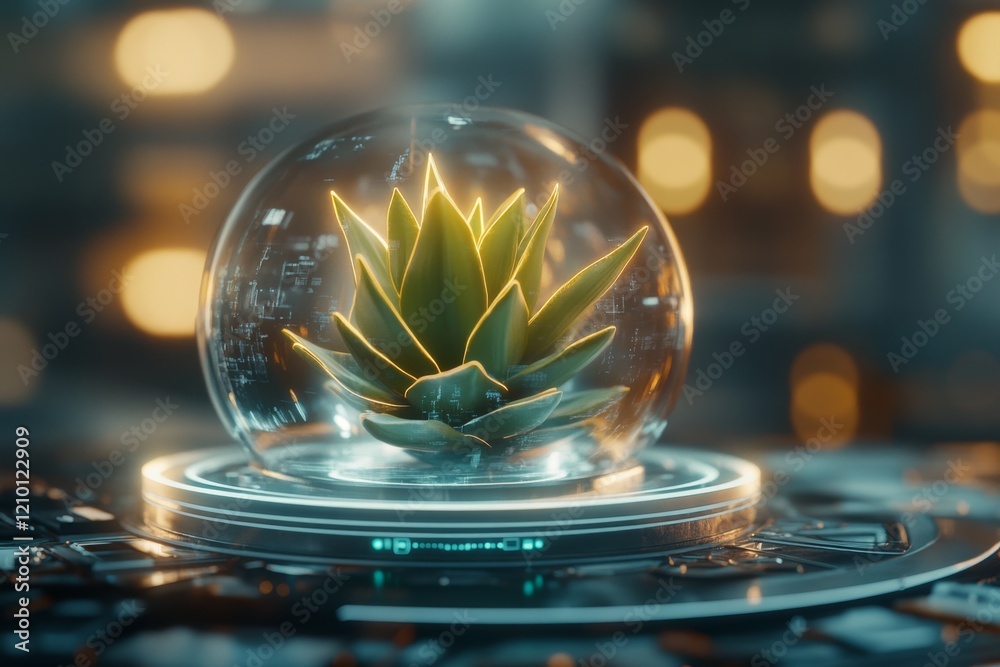 Poster a futuristic scene of a glowing yucca plant in a transparent pod, surrounded by a high-tech, sleek m