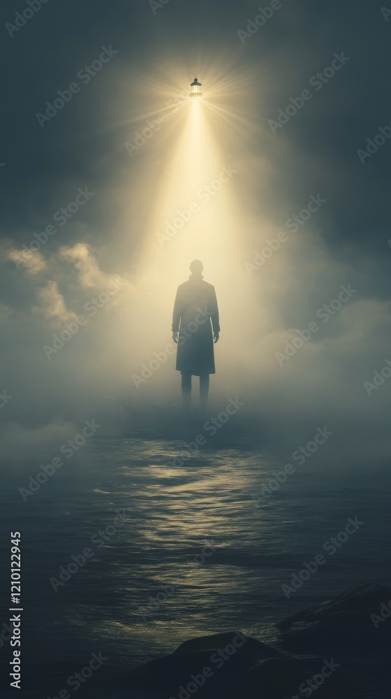 Aufkleber Conceptual depiction of a glowing man standing in fog near the water illuminated by a single light source
