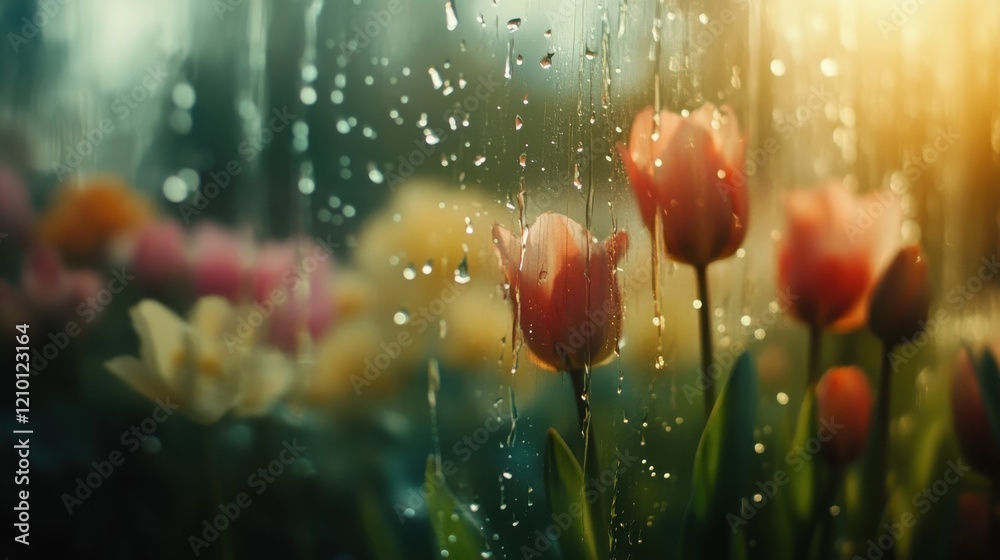 Poster raindrops create a soothing tapestry on vibrant tulips during a gentle rain shower in springtime