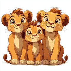 Three cartoon lion cubs smiling together