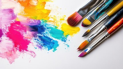 Colorful Acrylic Paint Strokes and Artist Brushes on White Background for Creative Studio Marketing Design with Bright Colors and Copy Space