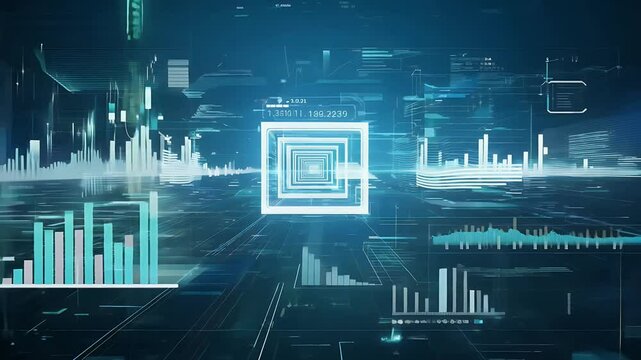 futuristic animated flight through a digital interface displaying data charts graphs and analytical curves perfect for high tech screens and information displays