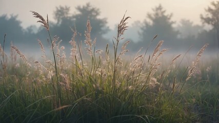 Fototapeta premium Morning light gently illuminates tall grass in a tranquil landscape at dawn with soft mist