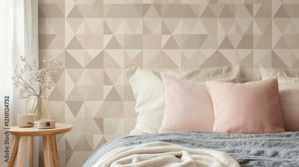 Aufkleber stylish bedroom featuring geometric-patterned walls in soft neutral tones creating a cozy, modern at