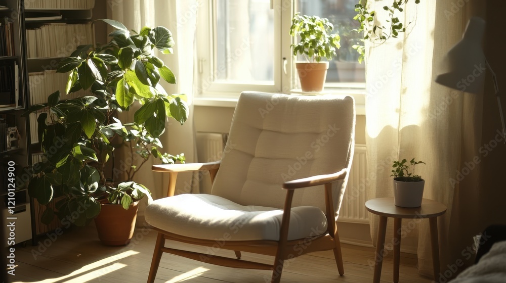 Poster cozy scandinavian reading nook filled with natural light and greenery creating a serene atmosphere
