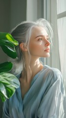 Fototapeta premium Middle-aged woman with silver hair gazes thoughtfully out a window surrounded by green plants in a serene indoor setting