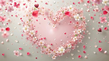 Obraz premium Soft pink heart-shaped confetti falling gently on a transparent background with delicate white and red flowers surrounding it, wrapping paper, care package