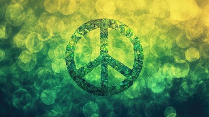 Serene Peace Symbol on Vibrant Green and Yellow Gradient Background with Textured Bokeh Effect