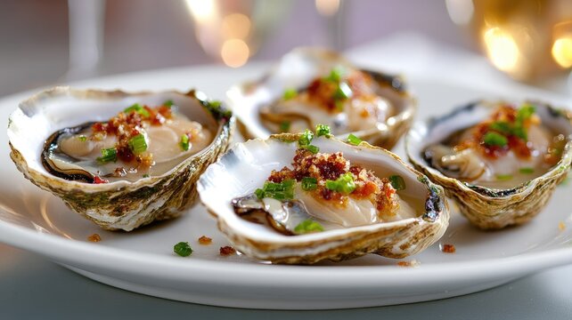 Freshly shucked oysters topped with herbs and seasoning on plate