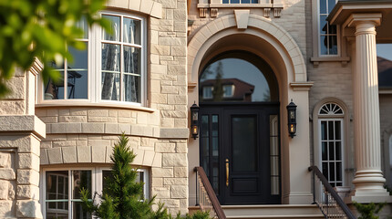 Obraz premium Magnificent House Exterior: Classic Architecture, Elegant Stone Facade, Grand Entrance