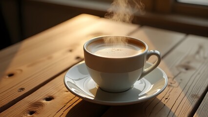 Fototapeta premium A steaming cup of coffee on a rustic table, with soft morning light