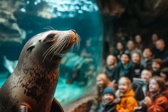 A zookeeper giving a talk in front of a sea lion exhibit, with a sea lion performing a trick to the delight of the audience