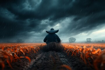 A gothic-style depiction of a farmer gathering crops under a dark, stormy sky, with ominous shadows and eerie details in the background