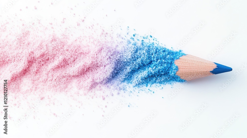 Poster pencil shavings create a colorful gradient from blue to pink on a clean white background
