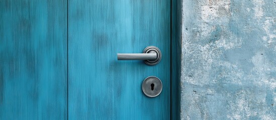 Obraz premium Modern door knobs and handles on a vibrant blue door contrasting with a textured concrete wall highlighting contemporary design features