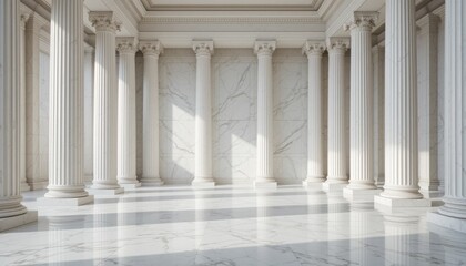 Sunlit Classical Marble Columns and Polished Floor: Architecture, Grandeur, Luxury, Interior Design.