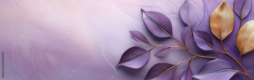 Poster soft mauve leaves with golden tips resting on a gentle pastel surface in serene harmony